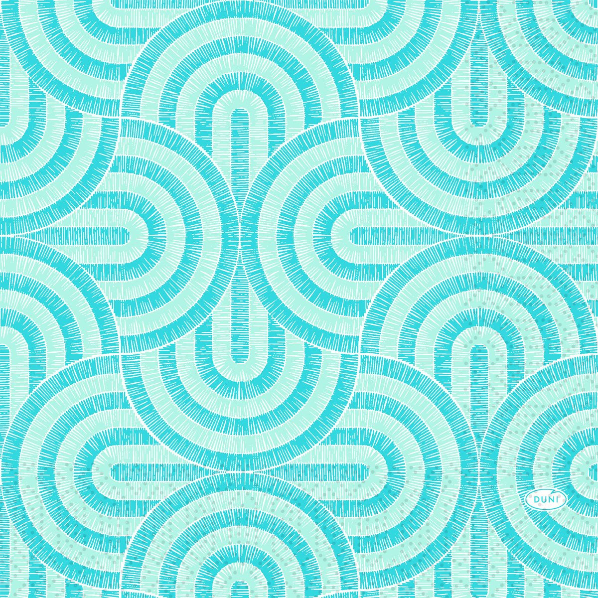 Serwetki w kolorze turkusowym i miętowym z geometrycznym wzorem promieniowych, cienkich linii, które tworzą strukturalny, symetryczny wzór. Duni GmbH "Breeze Mint Blue Servietten" 33x33 cm, opakowanie z 50 sztuk.