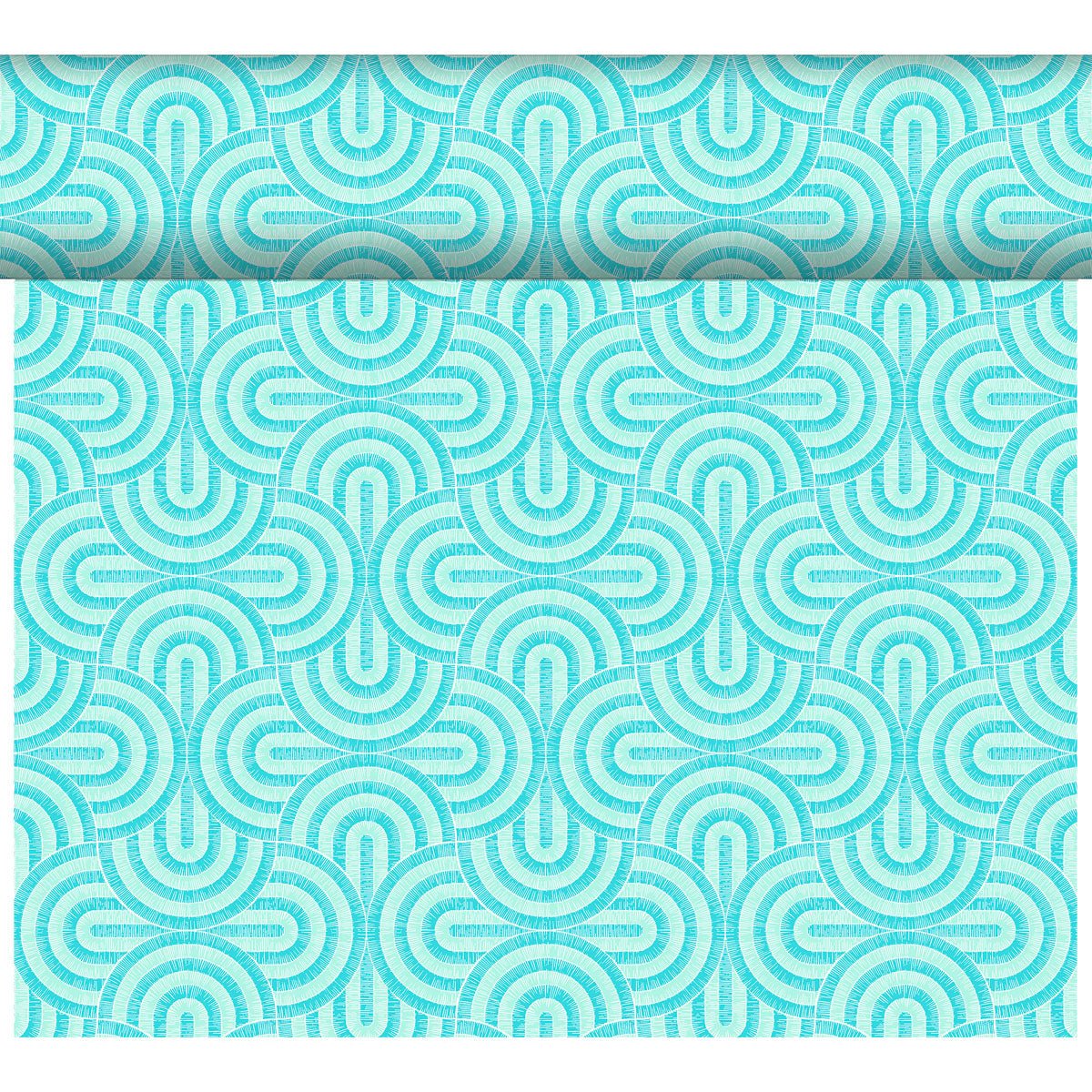 Częściowo rozwinięta rolka tapety DC-Tete a Tete 0,4x24m od Duni GmbH pokazuje geometryczny, retro wzór z koncentrycznymi łukami i kołami w kolorach teal i białym na białym tle. Jest odporna na warunki atmosferyczne dla dodatkowej trwałości.