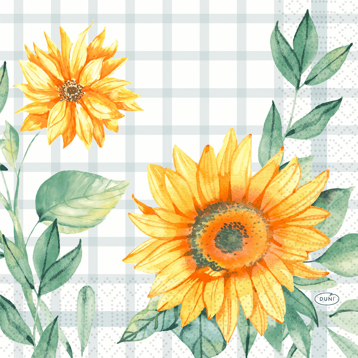 Zwei gelbe Sonnenblumen mit grünen Blättern sind auf einem weiß-hellgrau karierten Hintergrund abgebildet. Dieses Dekor im Aquarell-Stil macht die Duni GmbH Serv.33x33 3lg 1/4 Sonnenblume Servietten (Packung, 50 Stück) perfekt für jeden gedeckten Tisch.