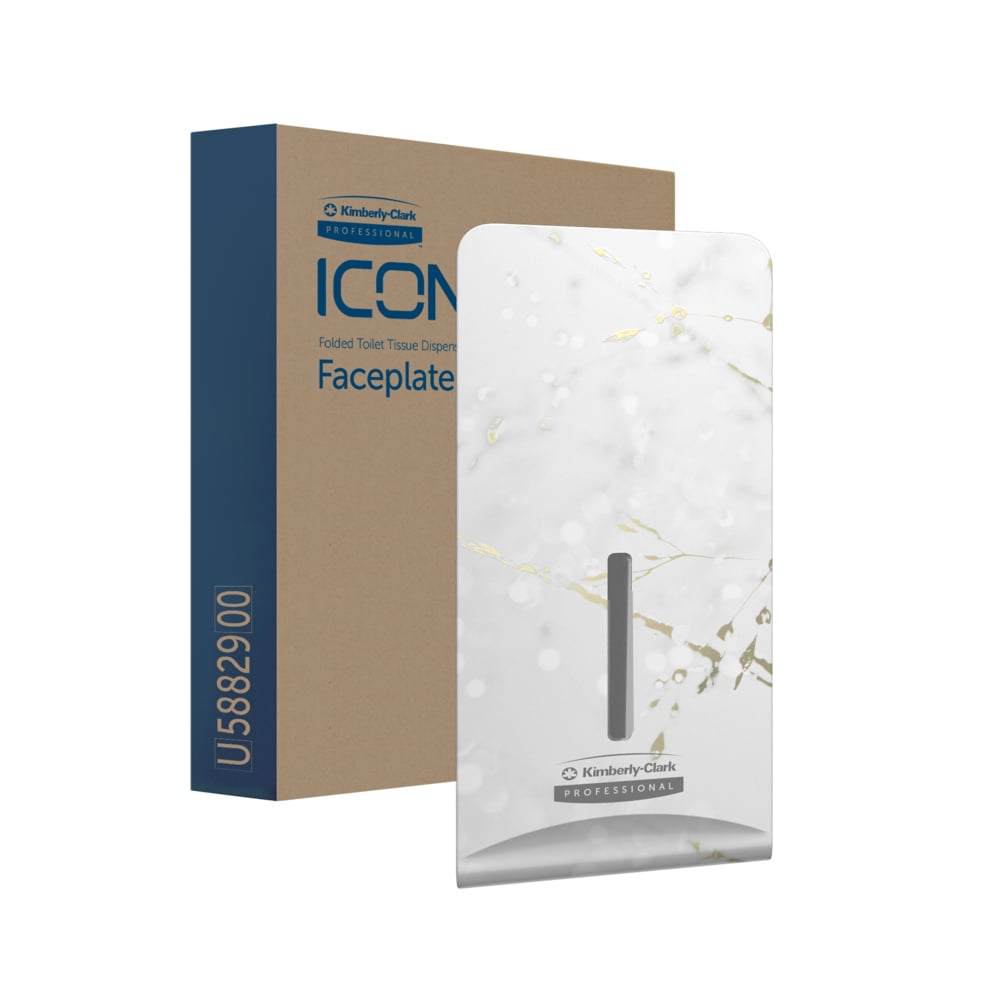 Prostokątne pudełko z napisem "Kimberly-Clark Professional™ Icon™ Dispenser Faceplate - FTT, 27,80 cm x 13,10 cm x 1,40 cm" stoi za biało-złotą marmurowaną płytką czołową z otworem, oba znaki towarowe Kimberly-Clark GmbH - idealne do nowoczesnych toalet.