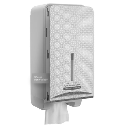 Kimberly-Clark Professional™ Icon™ Dispenser Faceplate - FTT od Kimberly-Clark GmbH (27,80 cm x 13,10 cm x 1,40 cm) posiada wzorzystą przednią część, szczelinę na papier, dozownik ręczników i napis "Chassis not included". Idealne do wysokiej jakości wyposażenia toalet.