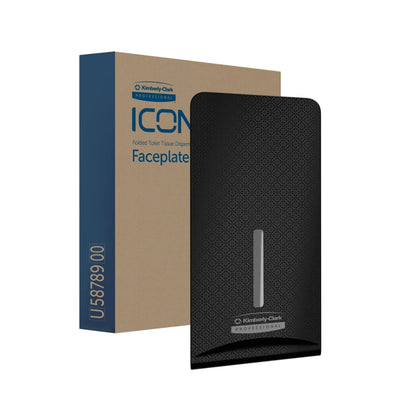 Czarna Kimberly-Clark Professional™ Icon™ Dispenser Faceplate - FTT (27,80 x 13,10 x 1,40 cm) od Kimberly-Clark GmbH jest widoczna przed brązowo-niebieskim opakowaniem z napisem "Folded Toilet Tissue Dispenser Faceplate", idealnym do nowoczesnych toalet.