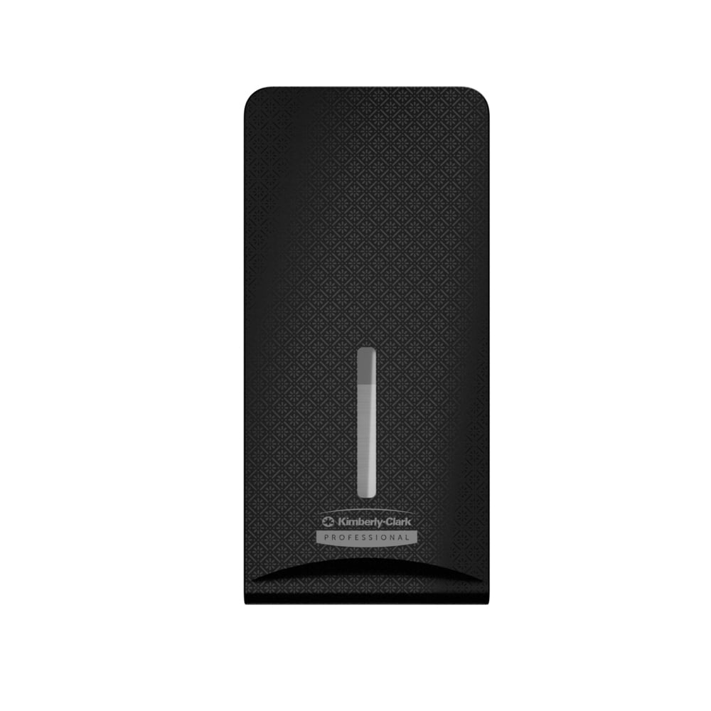 Kimberly-Clark Professional™ Icon™ Dispenser Faceplate - FTT (27,80 x 13,10 x 1,40 cm) od Kimberly-Clark GmbH wyróżnia się teksturowanym czarnym designem z pionowym okienkiem, idealnym do nowoczesnych toalet, izolowanym na białym tle.