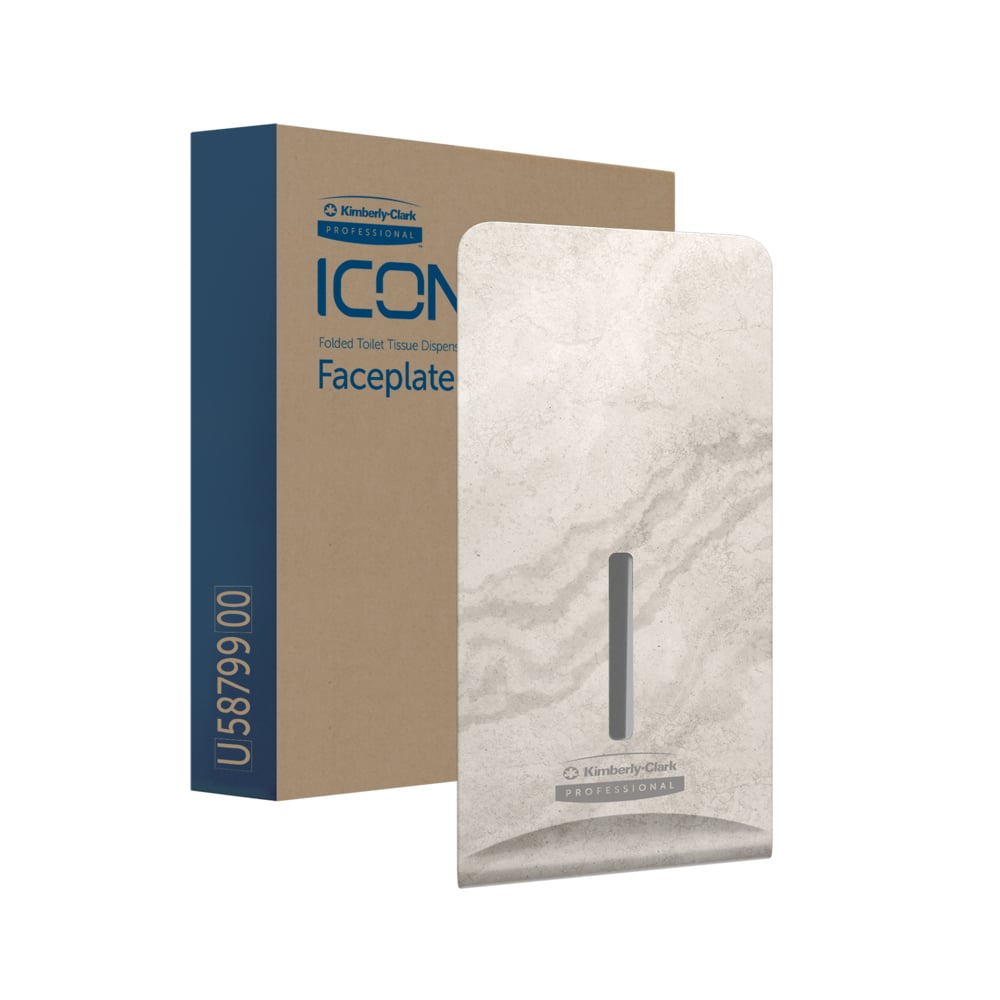 Kimberly-Clark Professional™ Icon™ Dispenser Faceplate - FTT (27,80 x 13,10 x 1,40 cm) od Kimberly-Clark GmbH w beżowym marmurze jest przedstawiona z brązowo-niebieskim opakowaniem i idealnie pasuje do nowoczesnych aranżacji toalet.