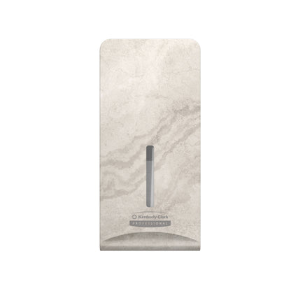 Kimberly-Clark Professional™ Icon™ Dispenser Faceplate - FTT (27,80 x 13,10 x 1,40 cm) od Kimberly-Clark GmbH ma jasnoszary marmurowy wzór i pionowe okienko, idealne do nowoczesnych toalet i kompatybilne z wieloma jednostkami dozującymi.