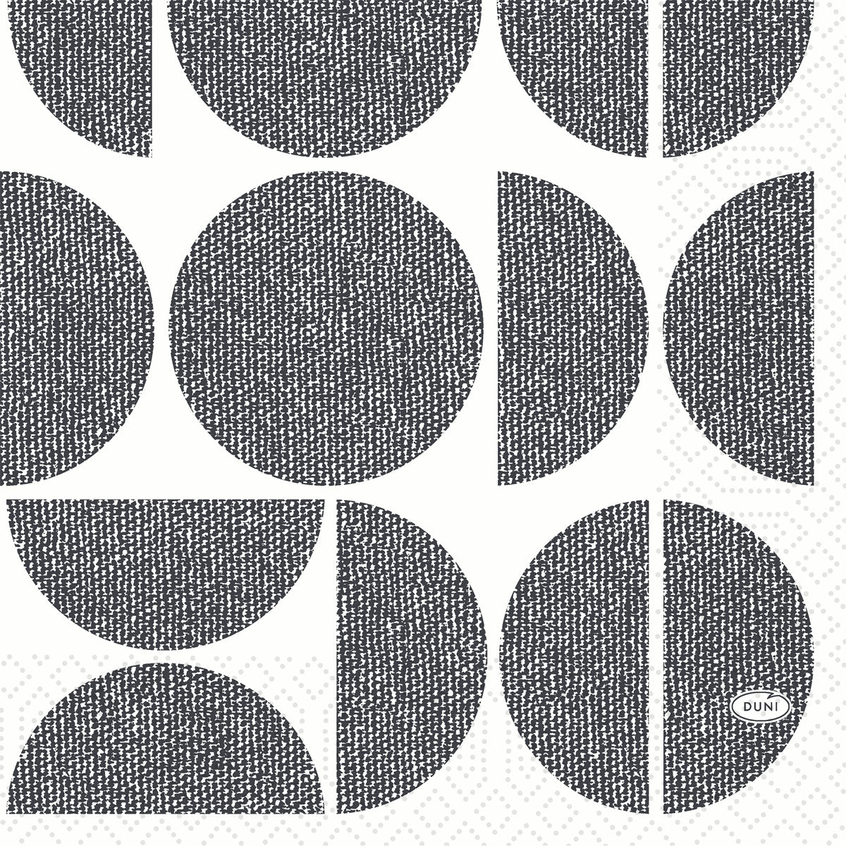 Duni GmbH Zellt.Serv.33x33 3lg 1/4 Formen pokazuje czarne strukturalne koła, półkola i ćwierćkola na białym tle, tkany wzór i owalne logo "DUNI", wszechstronne zastosowanie. Rozmiar: 33x33 cm. Opakowanie: 250 serwetek.