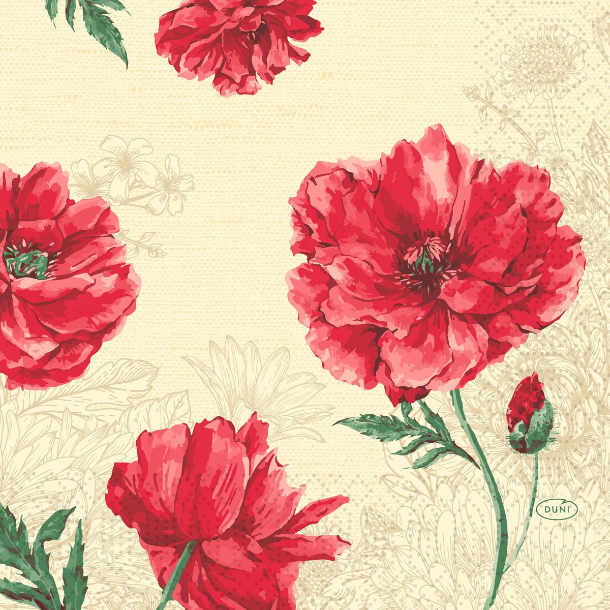 Serwetki Duni GmbH Zellt 33x33 cm, 3-warstwowe, Monique Design pokazują duże czerwone piwonie i zielone liście na beżowym tle z kwiatowym wzorem linii. Opakowanie z 250 serwetkami pokazuje jaskrawo kwitnące kwiaty.