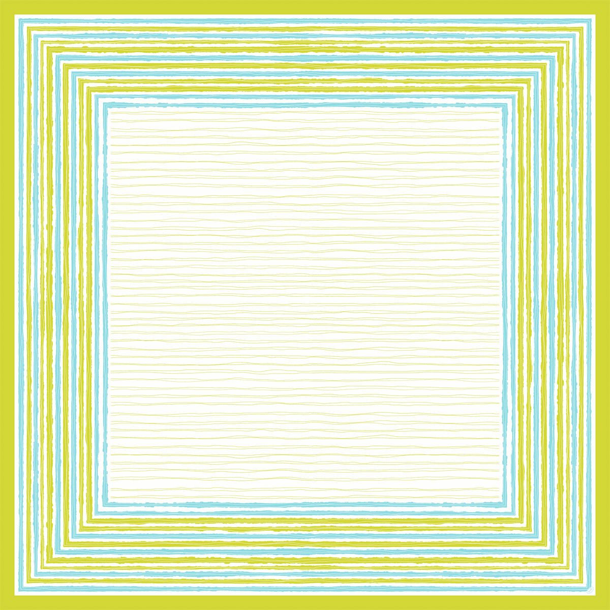 Obrus Dunicel 84x84 cm Elise Stripes od Duni GmbH charakteryzuje się stylową bordiurą z naprzemiennymi niebieskimi, zielonymi i żółtymi paskami wokół kremowego rdzenia, co tworzy elegancki, strukturalny wygląd. Dostępny w opakowaniach po 100 sztuk.