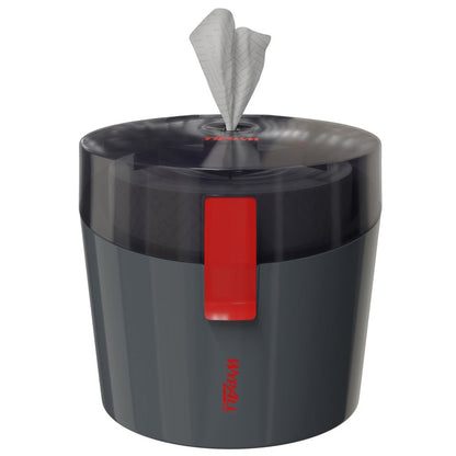 Ciemnoszary, cylindryczny dozownik WypAll® Reach Plus™ Centrefeed firmy Kimberly-Clark GmbH z przezroczystą pokrywą i czerwonym zamkiem mieści rolkę jednorazowych ręczników, które są częściowo wyciągnięte przez górny otwór.