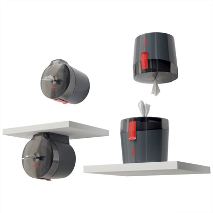 Cztery obrazy pokazują ciemnoszary dozownik WypAll® Reach Plus™ Centrefeed firmy Kimberly-Clark GmbH z czerwonym uchwytem, zamontowany na lub pod białymi półkami. Jeden dozownik jest otwarty i ręczniki są widoczne, drugi jest zamknięty.