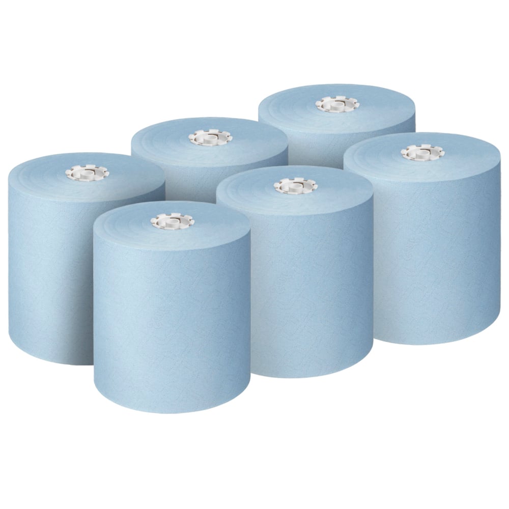 Sześć rolek ręczników Scott® Essential™ w kolorze niebieskim (6 rolek/karton) od Kimberly-Clark GmbH, ułożone w dwóch rzędach po trzy na białym tle - idealne do higienicznego zaopatrzenia w często uczęszczanych obszarach przemysłowych.