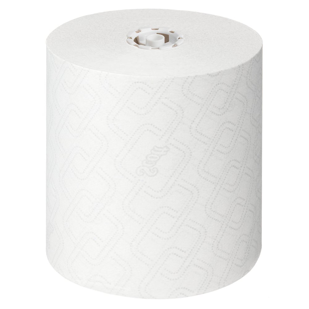 Duża rolka ręczników Scott® Essential™ w białym kolorze od Kimberly-Clark GmbH, pokazana z góry na białym tle - idealna do higienicznego mycia rąk; 6 rolek x 1 arkusz w kartonie.