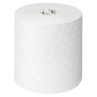 Duża rolka ręczników Scott® Essential™ w białym kolorze od Kimberly-Clark GmbH, pokazana z góry na białym tle - idealna do higienicznego mycia rąk; 6 rolek x 1 arkusz w kartonie.