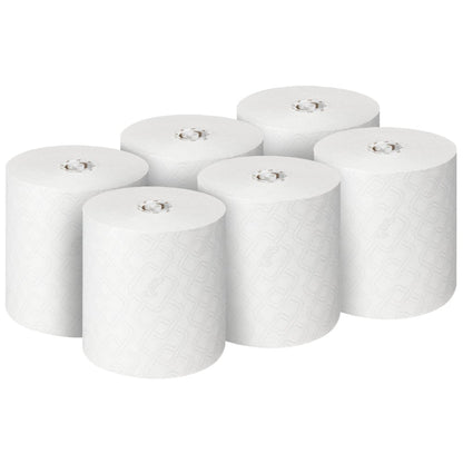 Sześć rolek ręczników Scott® Essential™ (białe), firmy Kimberly-Clark GmbH, jest ułożonych w dwóch rzędach po trzy na białym tle. Każda z 6 rolek w kartonie idealnie nadaje się do higienicznego mycia rąk.