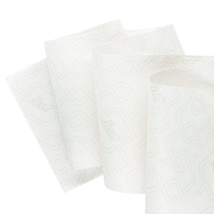 Ręczniki Scott® Essential™, 6 rolek białych od Kimberly-Clark GmbH, z delikatnym wzorem i logo "Scott", idealnie nadają się do higienicznego mycia rąk.