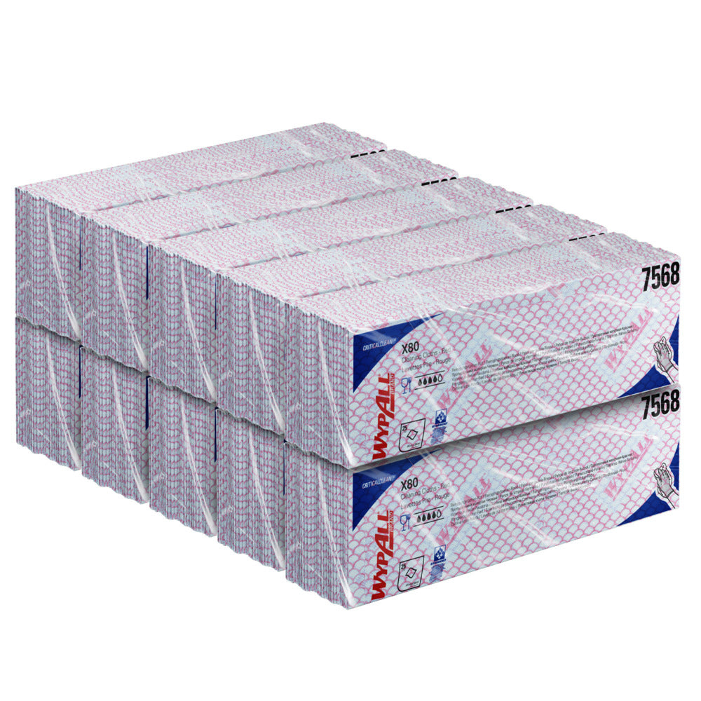 Ein Stapel Kimberly-Clark GmbH WypAll® X80 Critical Clean Interfold Tücher (41 x 33 cm), Artikel 7568, mit rot-blauem Rastermuster, in zwei Reihen zu je vier Boxen-ideal für kritische Umgebungen.