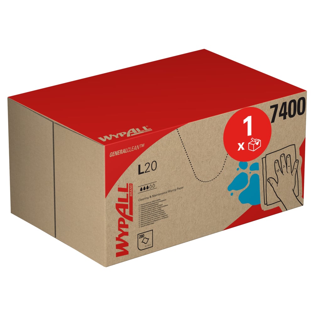 Niebieskie pudełko WypAll® L20 General Clean BRAG™ firmy Kimberly-Clark GmbH z brandingiem i symbolami wskazuje, że zawiera 280 ściereczek czyszczących do ogólnego i przemysłowego użytku. Po prawej stronie pudełka znajduje się obraz ręki wycierającej powierzchnię.