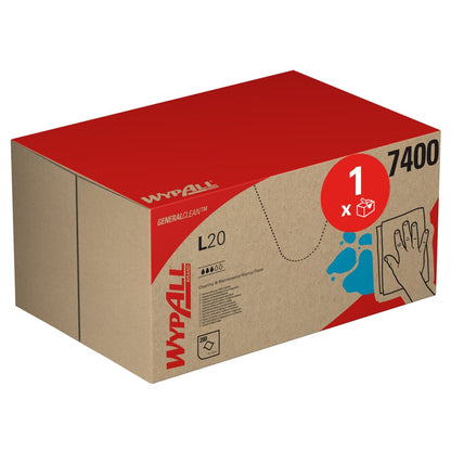 Niebieskie pudełko WypAll® L20 General Clean BRAG™ firmy Kimberly-Clark GmbH z brandingiem i symbolami wskazuje, że zawiera 280 ściereczek czyszczących do ogólnego i przemysłowego użytku. Po prawej stronie pudełka znajduje się obraz ręki wycierającej powierzchnię.