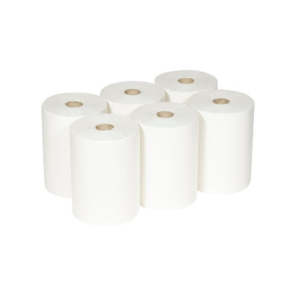 Sześć ręczników Scott® Slimroll™ od Kimberly-Clark GmbH leży w dwóch rzędach na białym tle; cylindryczne i chłonne ręczniki papierowe pokazują brązowy kartonowy rdzeń w środku.