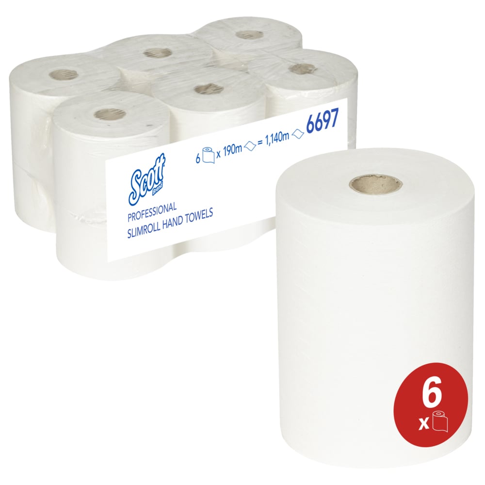 Sześć ręczników Scott® Slimroll™ od Kimberly-Clark GmbH jest oszczędnie zapakowanych w przezroczystą folię. Widoczny jest chłonny ręcznik z symbolem 6-pak-czerwonym - idealny do profesjonalnych zastosowań.