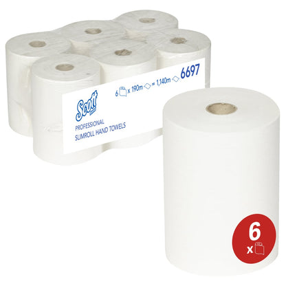 Sześć ręczników Scott® Slimroll™ od Kimberly-Clark GmbH jest oszczędnie zapakowanych w przezroczystą folię. Widoczny jest chłonny ręcznik z symbolem 6-pak-czerwonym - idealny do profesjonalnych zastosowań.