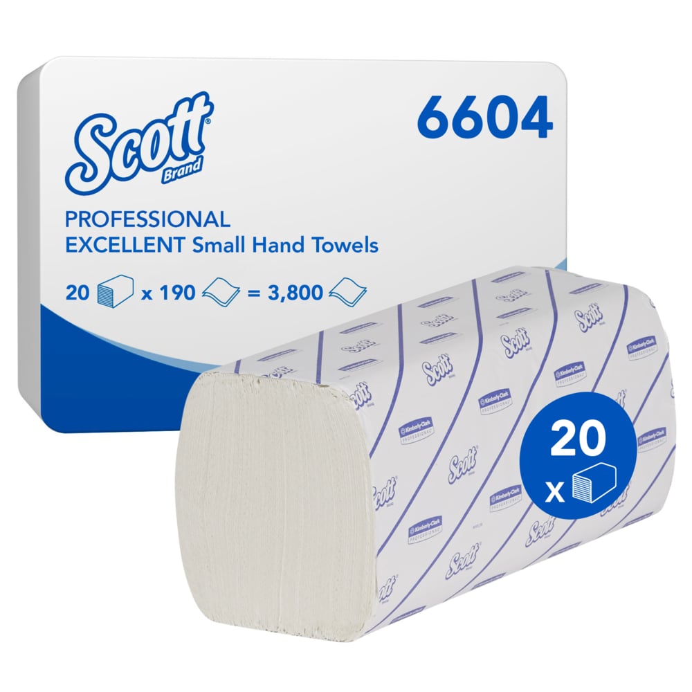 Ein Karton Scott® EXCELLENT Handtücher - Interfold/Weiß/Klein von Kimberly-Clark GmbH enthält 20 Packungen mit je 190 Blatt (Art.-Nr. 6604), ideal zum hygienischen Händetrocknen. Auf dem Umkarton sind die Produktdaten übersichtlich dargestellt.