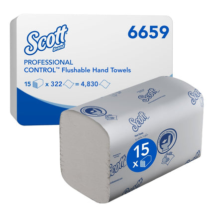 Przedstawione jest pudełko Scott® Control™ Spłukiwalnych Ręczników Składanych od Kimberly-Clark GmbH z zapakowanym stosikiem z przodu. Opakowanie zawiera 15 klipsów x 322 arkuszy (łącznie 4.830) - idealne do higienicznego suszenia rąk.