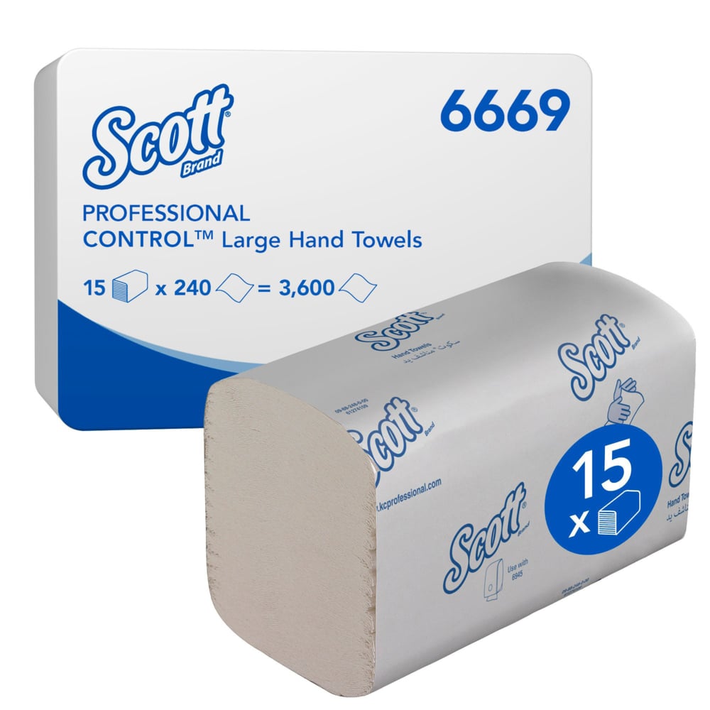 Karton ręczników Scott® Control™ (białe, duże) firmy Kimberly-Clark GmbH, produkt nr 6669, zawiera 15 paczek po 240 chłonnych, składanych ręczników - łącznie 3600 arkuszy - z nieopakowanym stosikiem obok.