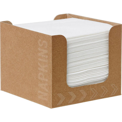 Stos serwetek Bio-Dunisoft w pudełku 20 x 20 cm białych firmy Duni GmbH leży schludnie w brązowym uchwycie na serwetki z napisem "NAPKINS" z boku.