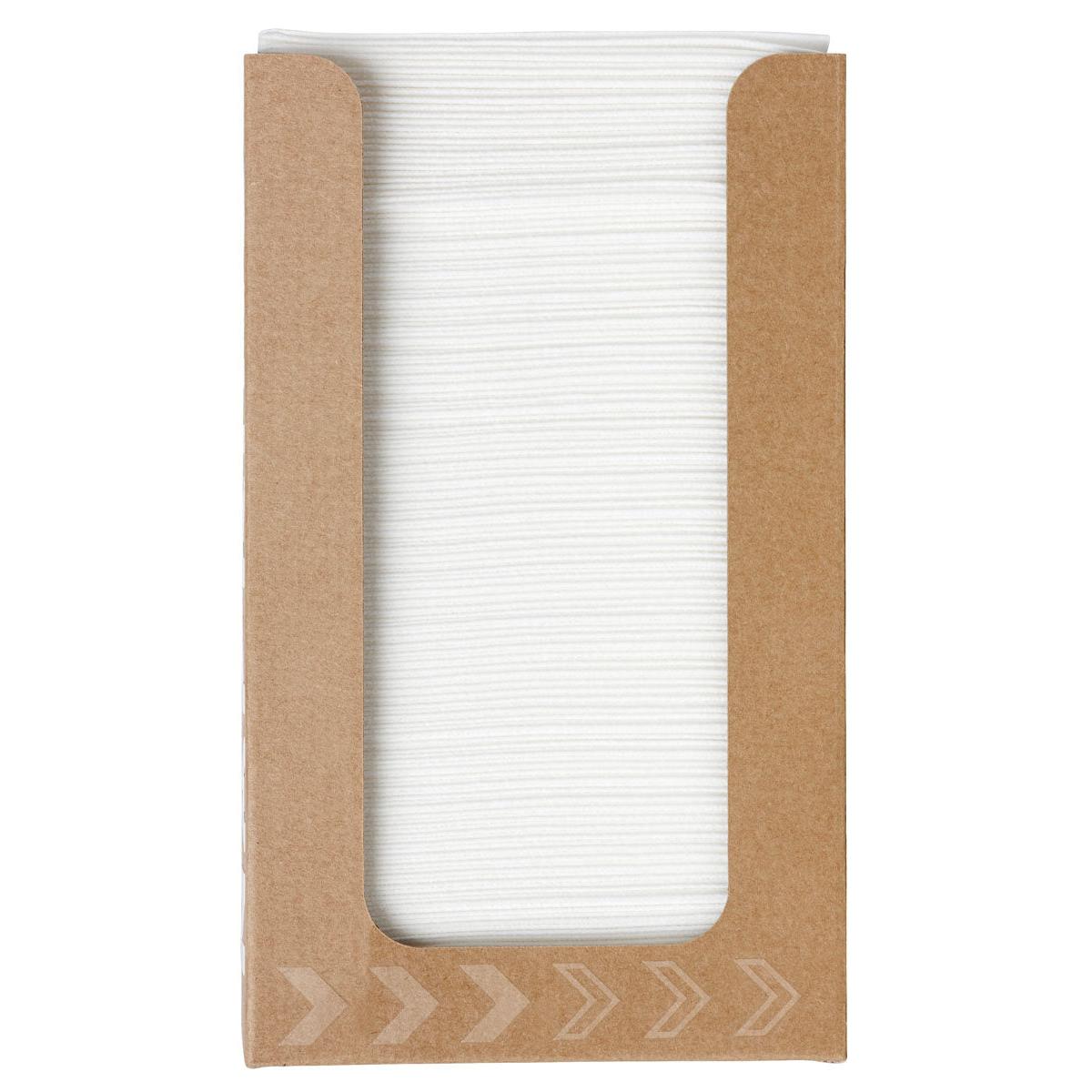 Stos serwetek Bio-Dunisoft w pudełku 20 x 20 cm białych firmy Duni GmbH jest widoczny w otwartym, brązowym pudełku z białymi wzorami strzałek - praktyczne, biodegradowalne i przyjazne dla środowiska serwetki na każdą okazję.
