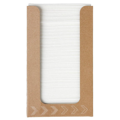 Stos serwetek Bio-Dunisoft w pudełku 20 x 20 cm białych firmy Duni GmbH jest widoczny w otwartym, brązowym pudełku z białymi wzorami strzałek - praktyczne, biodegradowalne i przyjazne dla środowiska serwetki na każdą okazję.