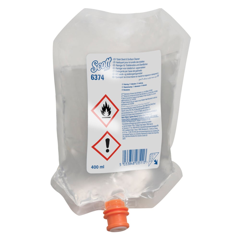 Ein transparenter 400 ml Spenderbeutel mit der Aufschrift "Scott® Reiniger für Toilettensitze und andere Oberflächen" von Kimberly-Clark GmbH, mit Gefahrensymbolen, Barcode, orangefarbener Kappe und Gebrauchsanweisung. Karton mit 6 Beuteln.