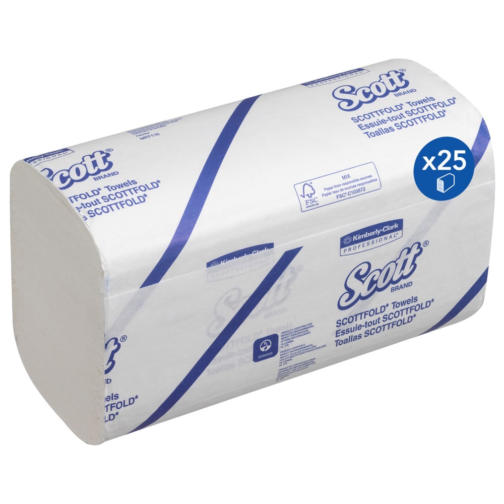 Karton z ręcznikami Kimberly-Clark Scott® SCOTTFOLD*, białe, średnie, zawiera 25 paczek po 175 arkuszy; idealne do efektywnego suszenia rąk. Opakowanie w kolorze białym/niebieskim z informacjami o produkcie w języku angielskim i hiszpańskim.
