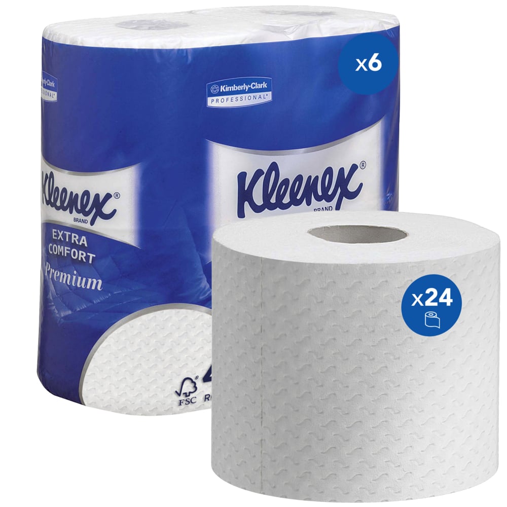Opakowanie papieru toaletowego Kleenex® od Kimberly-Clark GmbH zawiera 6 paczek po 4 białe rolki (160 arkuszy/rolka); Premium papier toaletowy dla najwyższego komfortu.