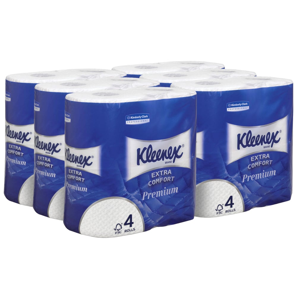 Sześć paczek rolek papieru toaletowego Kleenex® od Kimberly-Clark GmbH, każda z 4 małymi białymi rolkami i 160 arkuszami na rolkę, jest ułożonych w dwóch rzędach. Niebiesko-białe pudełko na przedniej stronie pokazuje wyraźne oznaczenie produktu.