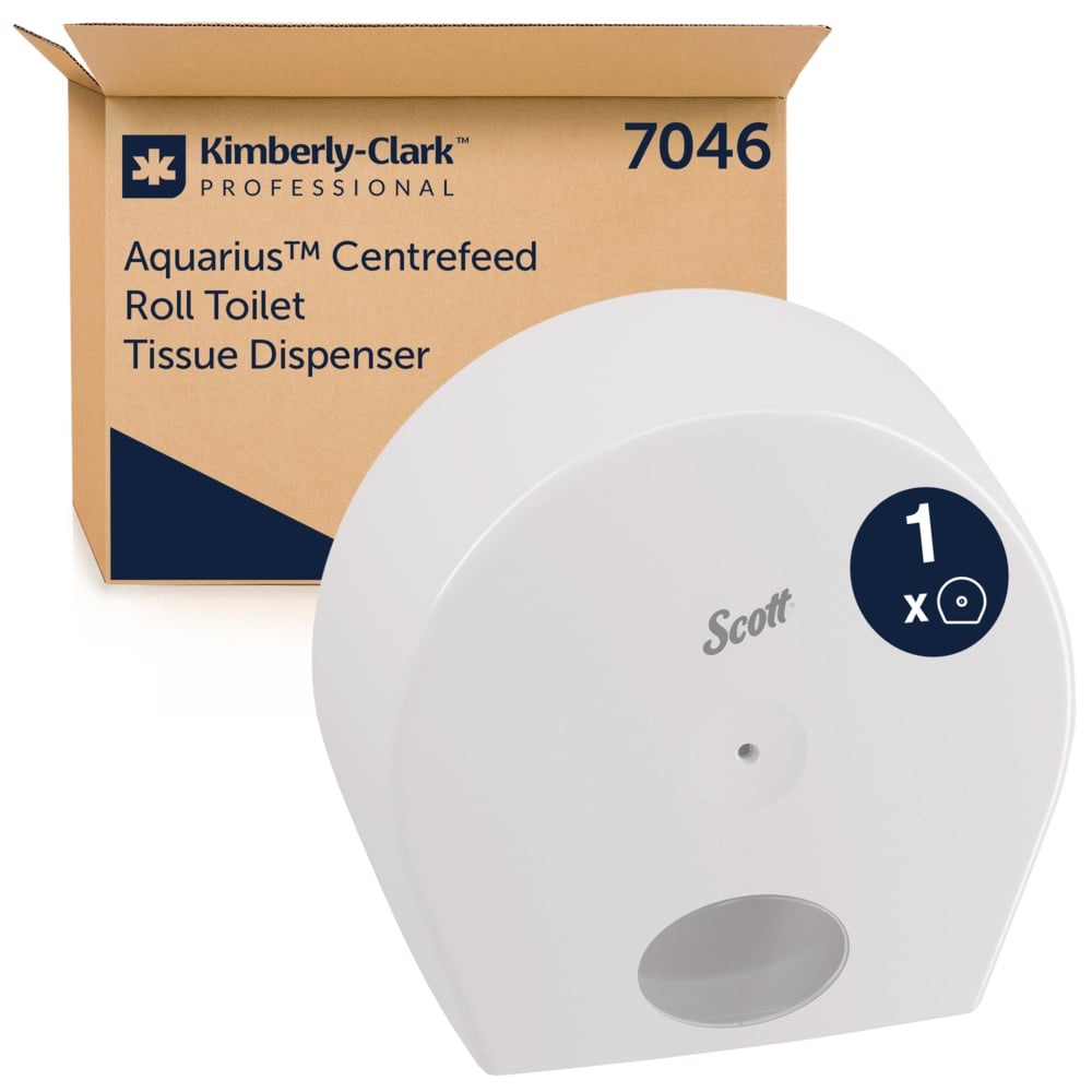 Na zdjęciu widoczny jest biały dozownik papieru toaletowego Scott® Control™ (z centralnym pobieraniem/wielkość jumbo, 1 dozownik) firmy Kimberly-Clark GmbH, umieszczony przed brązowym kartonem Kimberly-Clark Professional z napisem „7046 Aquarius Centrefeed Roll Toilet Tissue Dispenser”.