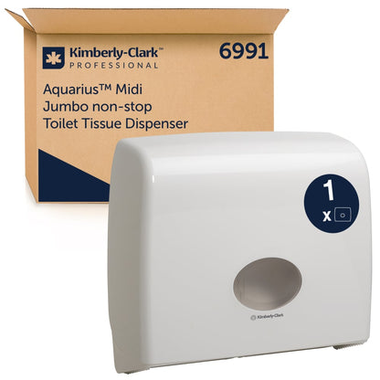 Dystrybutor papieru toaletowego Aquarius™ - Jumbo Non-Stop od Kimberly-Clark GmbH w białym kolorze oferuje praktyczne i higieniczne rozwiązanie dla Twoich potrzeb papieru toaletowego. 1 dystrybutor na karton.