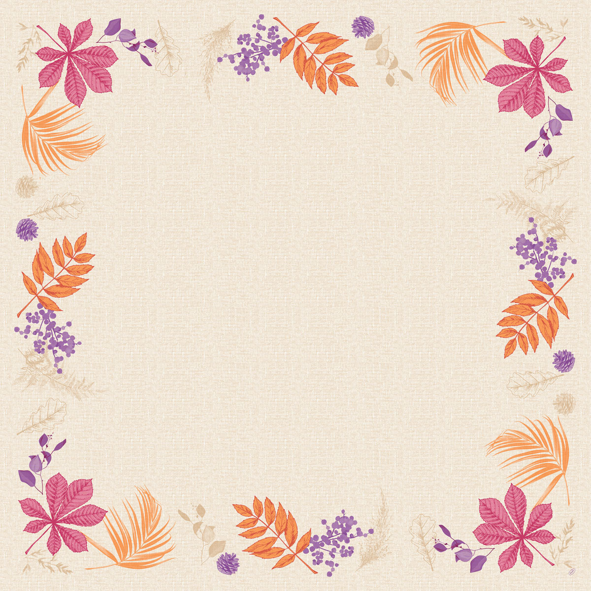 Die quadratische beigefarbene Dunicel-Mitteldecke 84x84 "Bright Autumn" von Duni GmbH zeigt eine Bordüre aus Herbstblättern, orangefarbenen Zweigen und lila Blüten - ideal als dekorativer Tischschmuck. Packung: 20 Stück.