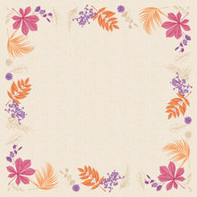 Kwadratowy, beżowy obrus Dunicel o wymiarach 84x84 "Bright Autumn" od Duni GmbH posiada bordiurę z liści jesiennych, pomarańczowych gałązek i fioletowych kwiatów - idealny jako dekoracja stołu. Opakowanie: 20 sztuk.