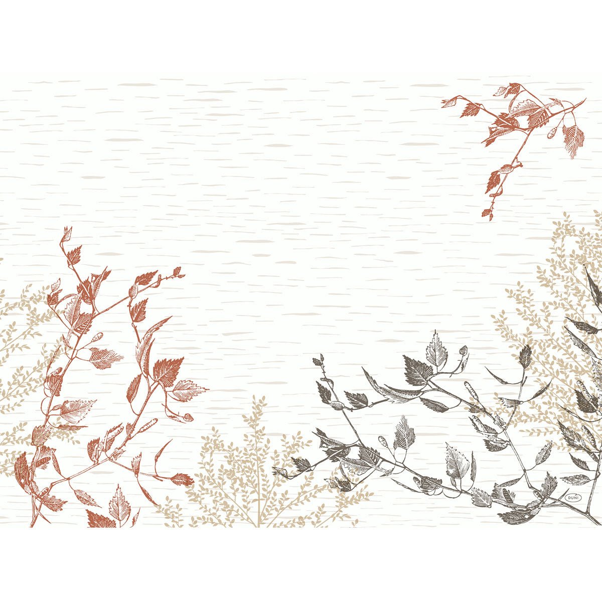 Papierowe podkładki na stół 30x40 cm od Duni GmbH w designie Wood&Nature oferują minimalistyczne, ekologiczne ilustracje botaniczne w kolorach terakoty, czerni i beżu na jasnym, strukturalnym tle - idealne na każdą okazję. Opakowanie zawiera 250 sztuk.