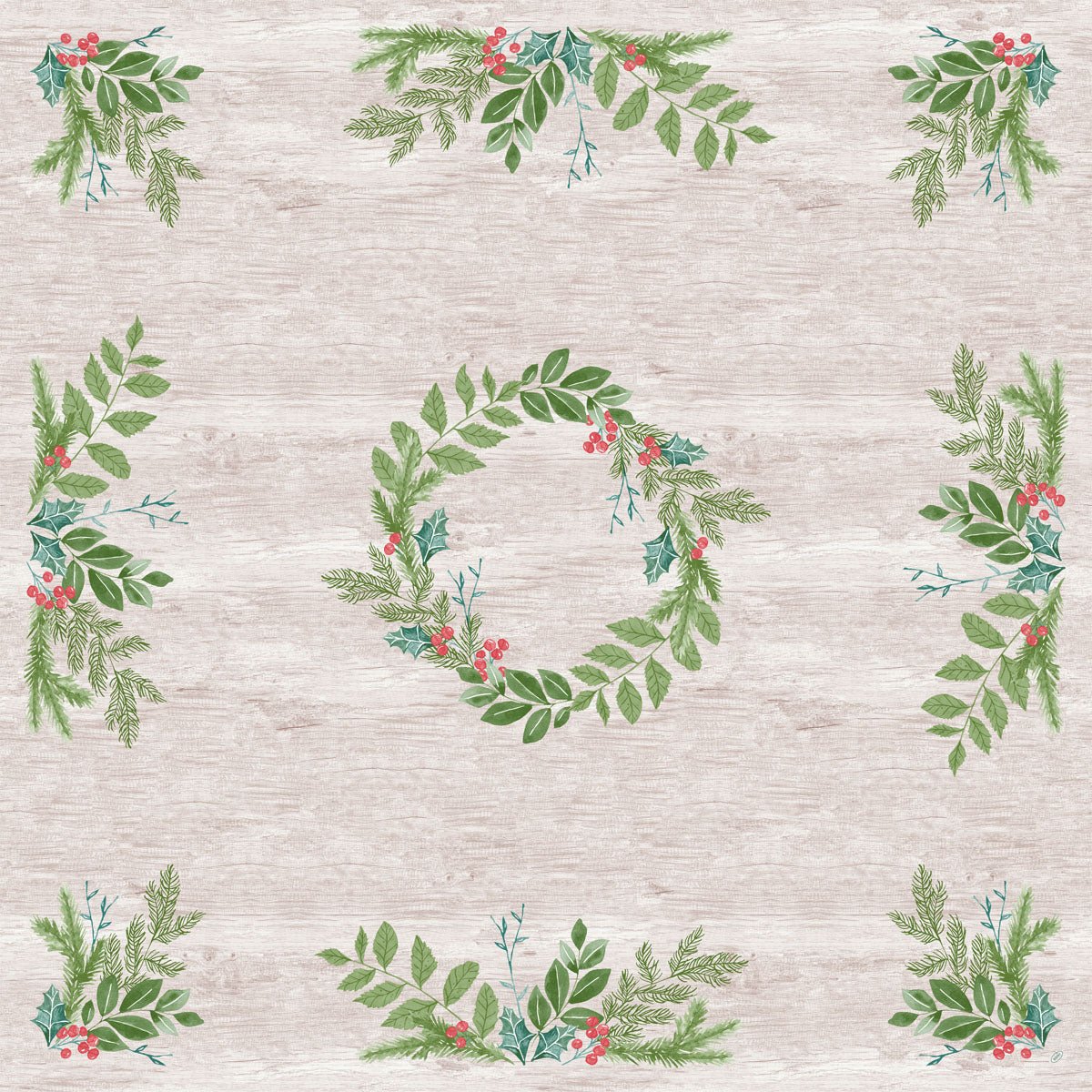Obrus Dunicel 84x84cm Winter Greenery firmy Duni GmbH przedstawia zielone wieńce z liści z czerwonymi jagodami na jasnym tle o strukturze drewna, idealny jako ekologiczny obrus na zimowe spotkania. Opakowanie zawiera 20 sztuk.