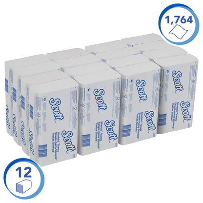 Szesnaście opakowań ręczników Scott® SLIMFOLD od Kimberly-Clark GmbH, każde z 110 arkuszami, jest przejrzyście ułożonych. Białe opakowanie podkreśla 1.760 arkuszy i 16 opakowań - idealne do higienicznego suszenia rąk w miejscach o dużym natężeniu ruchu.