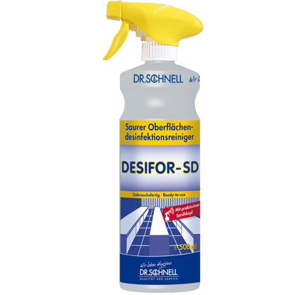 Butelka z rozpylaczem 500 ml Dr. Schnell DESIFOR-SD do dezynfekcji powierzchni firmy DR.SCHNELL GmbH & Co. KGaA z żółtym spustem i niebiesko-żółtym opakowaniem jest gotowa do użycia do dezynfekcji powierzchni.