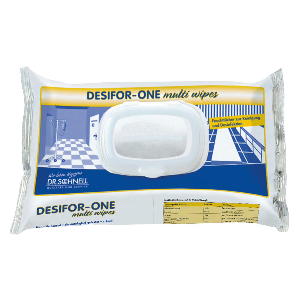 Opakowanie Dr. Schnell DESIFOR-ONE MULTI WIPES chusteczek do dezynfekcji powierzchni (100 chusteczek) od DR.SCHNELL GmbH & Co. KGaA jest przedstawione w białym opakowaniu z niebieskimi i żółtymi akcentami i nosi napis "ograniczona wirusobójczość PLUS" do czyszczenia i dezynfekcji.