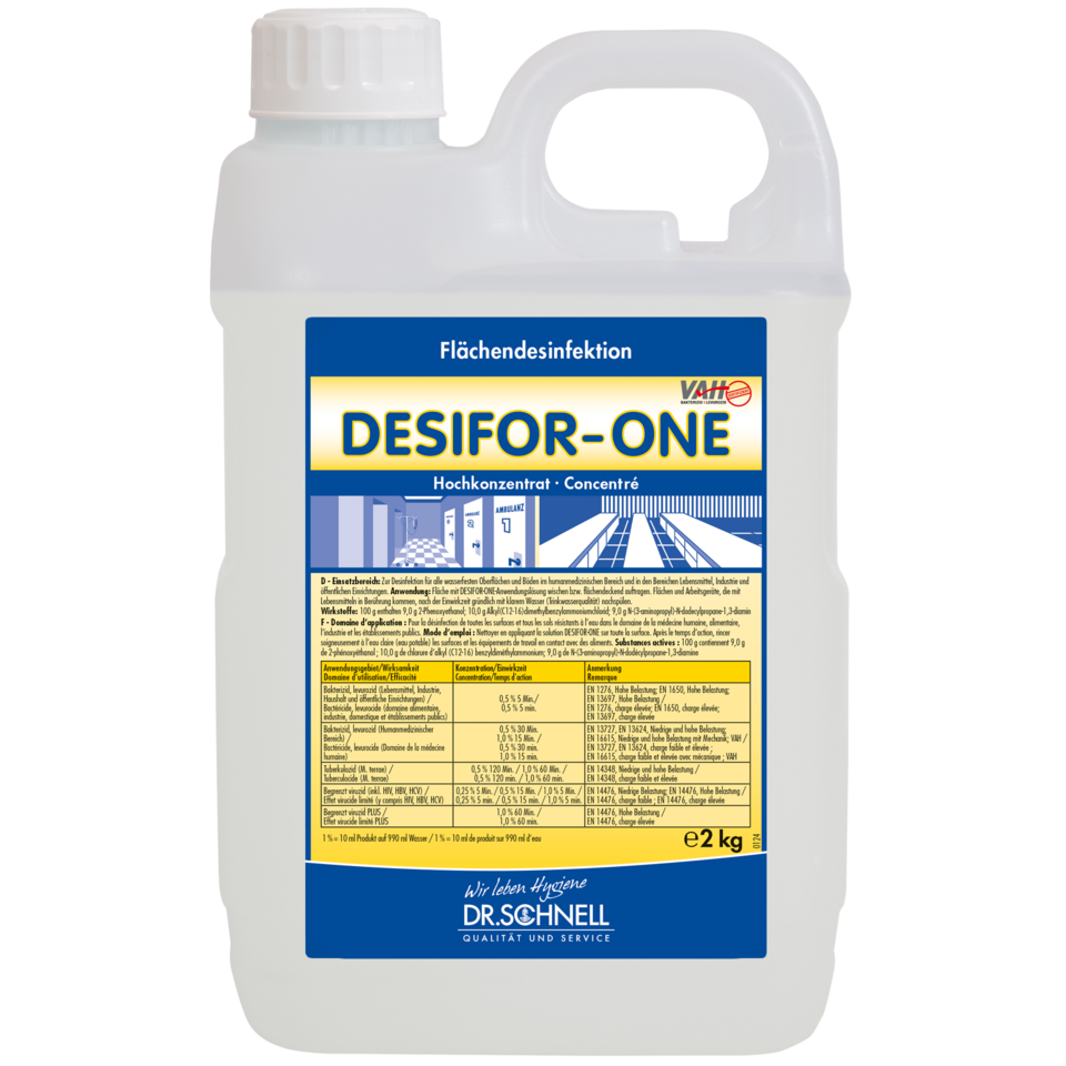 Plastikowy pojemnik 2 kg Dr. Schnell Desifor-One dezynfekcja powierzchni, ograniczone działanie wirusobójcze PLUS od DR.SCHNELL GmbH & Co. KGaA, z białą pokrywką i uchwytem. Etykieta z przodu zawiera informacje, instrukcje i wskazówki dotyczące dawkowania w języku niemieckim.