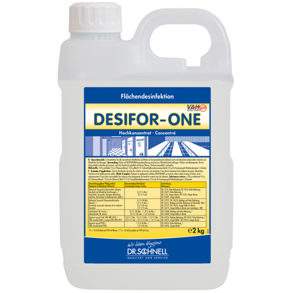 Plastikowy pojemnik 2 kg Dr. Schnell Desifor-One dezynfekcja powierzchni, ograniczone działanie wirusobójcze PLUS od DR.SCHNELL GmbH & Co. KGaA, z białą pokrywką i uchwytem. Etykieta z przodu zawiera informacje, instrukcje i wskazówki dotyczące dawkowania w języku niemieckim.