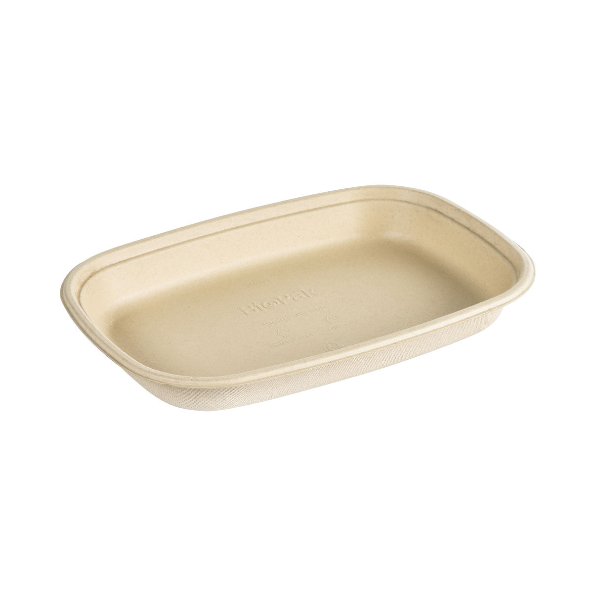 Eine beige Cube Bowl 800 ml von Duni GmbH aus Braun Bagasse, PBAT/PLA-beschichtet (249x172x30 mm), rechteckig mit abgerundeten Ecken und erhöhten Rändern, auf weißem Hintergrund. Packung: 40 Stück.