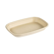 Beżowa miska Cube 800 ml od Duni GmbH z brązowego bagassy, powlekana PBAT/PLA (249x172x30 mm), prostokątna z zaokrąglonymi rogami i podwyższonymi krawędziami, na białym tle. Opakowanie: 40 sztuk.