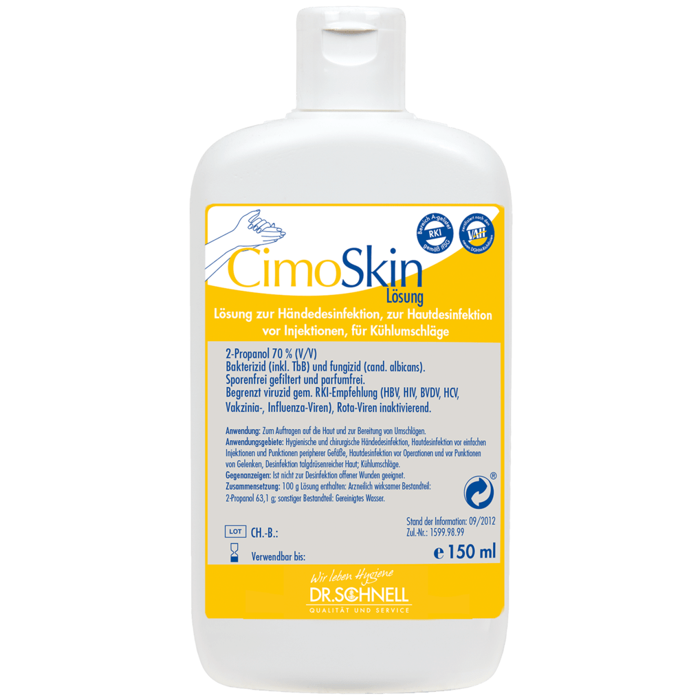 Butelka 150 ml Dr. Schnell CIMOSKIN dezynfekcji rąk DR.SCHNELL GmbH & Co. KGaA, z żółto-białą etykietą z instrukcjami dotyczącymi higienicznej dezynfekcji i niebiesko-białym zamknięciem typu flip-top.