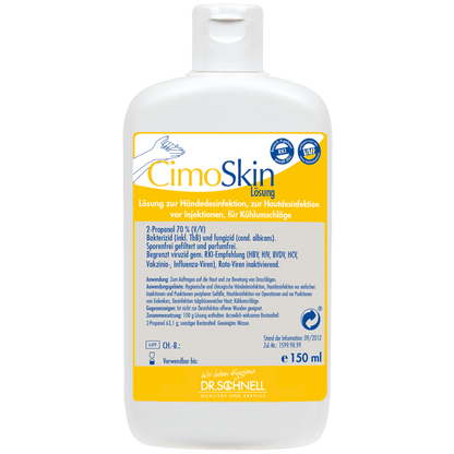 Butelka 150 ml Dr. Schnell CIMOSKIN dezynfekcji rąk DR.SCHNELL GmbH & Co. KGaA, z żółto-białą etykietą z instrukcjami dotyczącymi higienicznej dezynfekcji i niebiesko-białym zamknięciem typu flip-top.